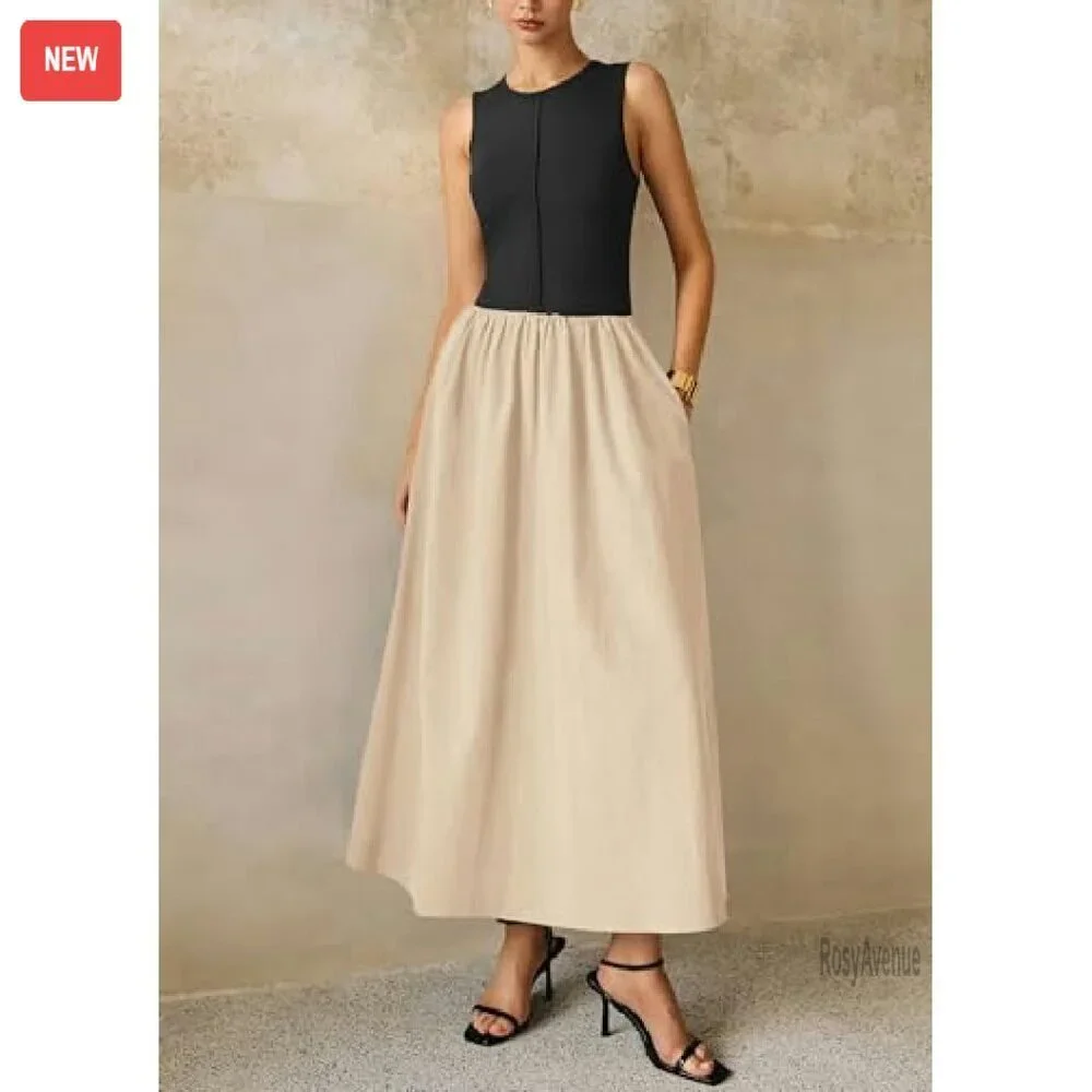 Sleeveless Maxi Dress Patchwork Knit Flowy Long Casual Summer